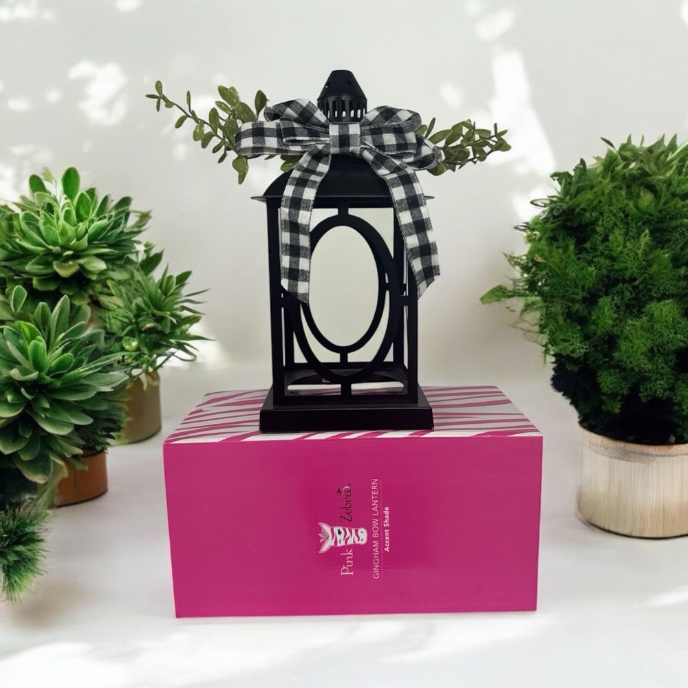 NIB Pink Zebra Gingham Bow Lantern accent shade